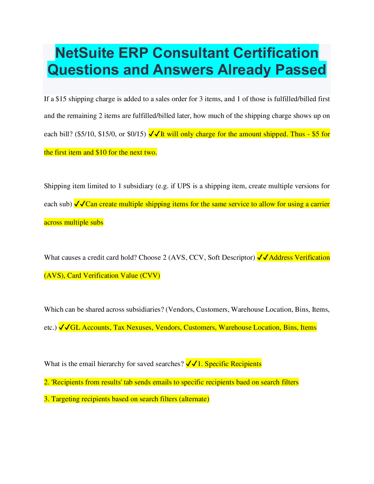 Preview of NetSuite ERP Consultant Certification Questions and Answers Already Passed